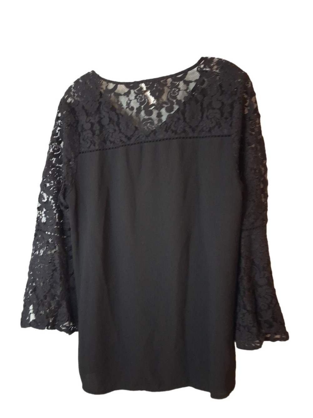 Chico's Black Lace Bell Sleeve Blouse V Neck Romatic Tunic Size Medium 8 - Picture 3 of 6